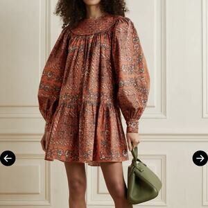 ULLA JOHNSON Ria Gathered Printed Cotton Poplin Mini Dress In Clementine Size 00